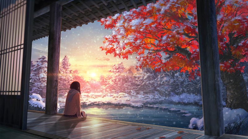 女孩 围巾 冬天风景 外廊 夕阳 晚霞 唯美动漫风景壁纸